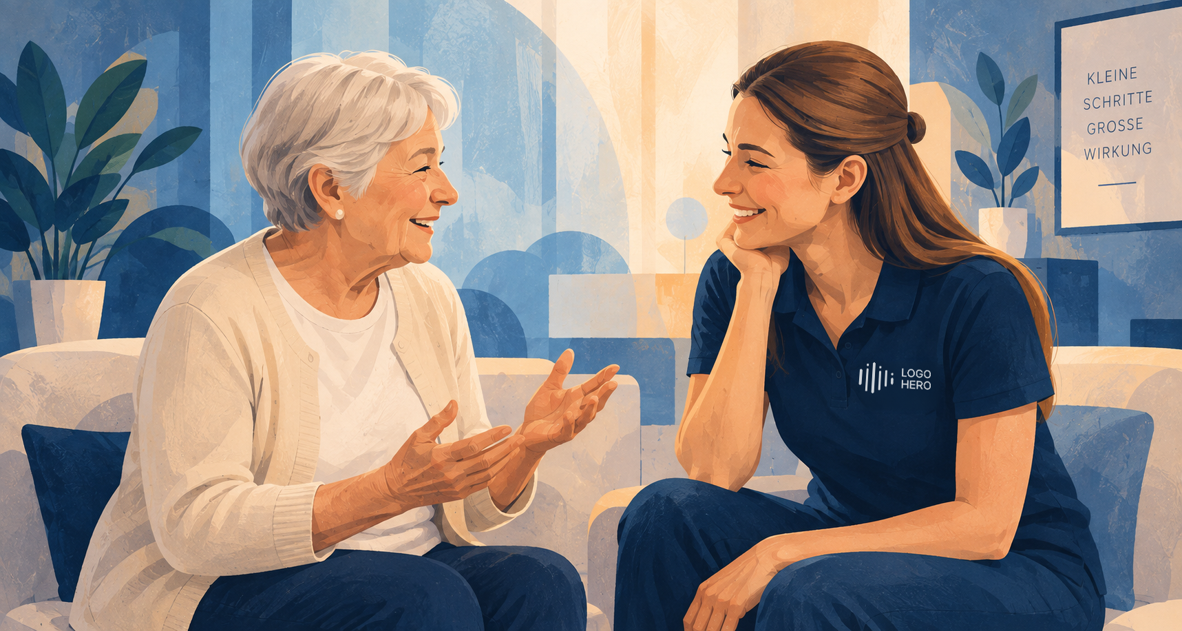 Mobile Logopädin arbeitet mit älterer Patientin in einer Pflegeeinrichtung
